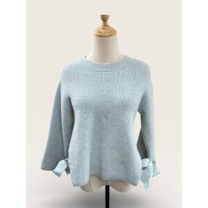 TOPSHOP Light Blue Sweater with High Side Slits and Bows on Sleeve, Sz 0